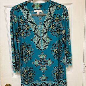 JM Collection Teal and Black Patterned Blouse